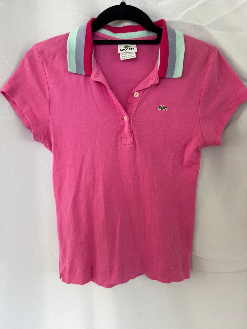 Vintage 2000s Lacoste Women's Pink Cotton Polo Shirt Stripe Collar EU 40